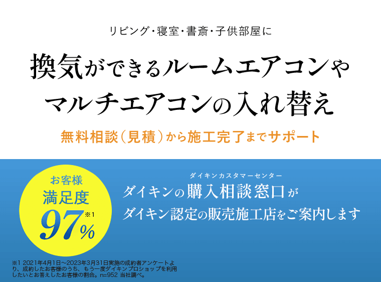 リビング・寝室・書斎・子供部屋に換気ができるルームエアコンやマルチエアコンの入れ替え無料相談（見積）から施工完了までサポート お客様満足度97%※1 ダイキンの購入相談窓口（ダイキンカスタマーセンター）がダイキン認定の販売施工店をご案内します ※1 2021年4月1日～2023年3月31日実施の成約者アンケートより、成約したお客様のうち、もう一度ダイキンプロショップを利用したいとお答えしたお客様の割合。n=952 当社調べ。
